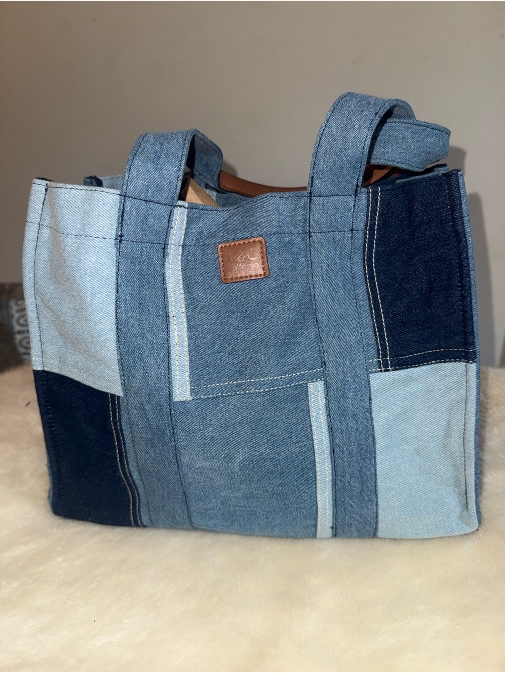 C&C California Blue Denim Patchwork Tote with Leather Logo